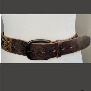 Fossil Size S Patchwork Studded Embellished Belt Boho Bronze Brown Leather